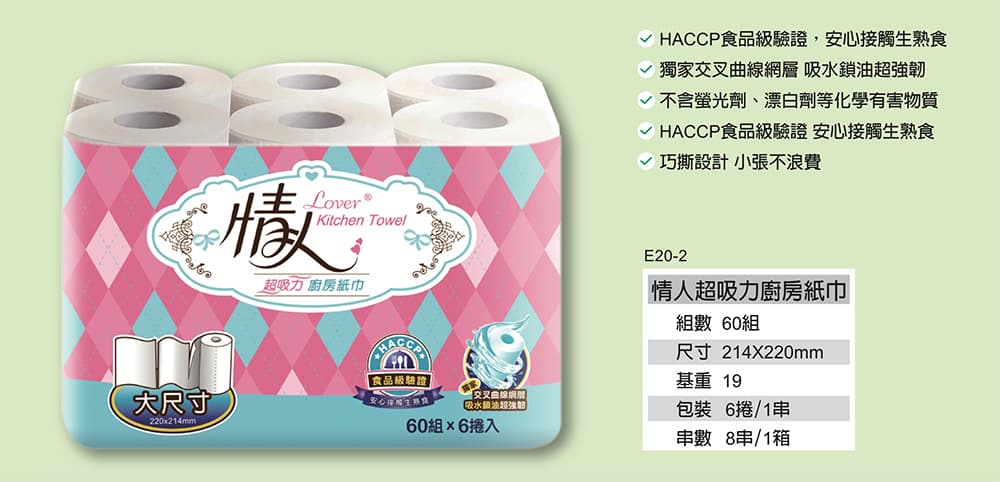 情人超吸力廚房紙巾，安心接觸生熟食 - 大尺寸設計(220×214mm)