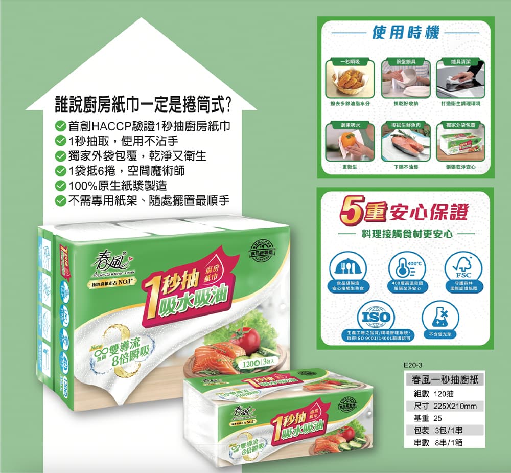 春風吸水吸油廚房紙巾，100% 原生紙漿製造